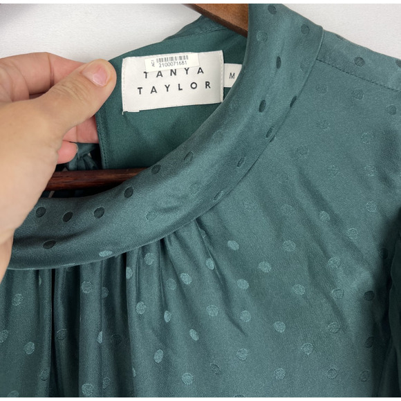 Tanya Taylor Green Swiss Dot Tiered Mini Dress Flutter Sleeves Pockets Size M - Picture 3 of 10